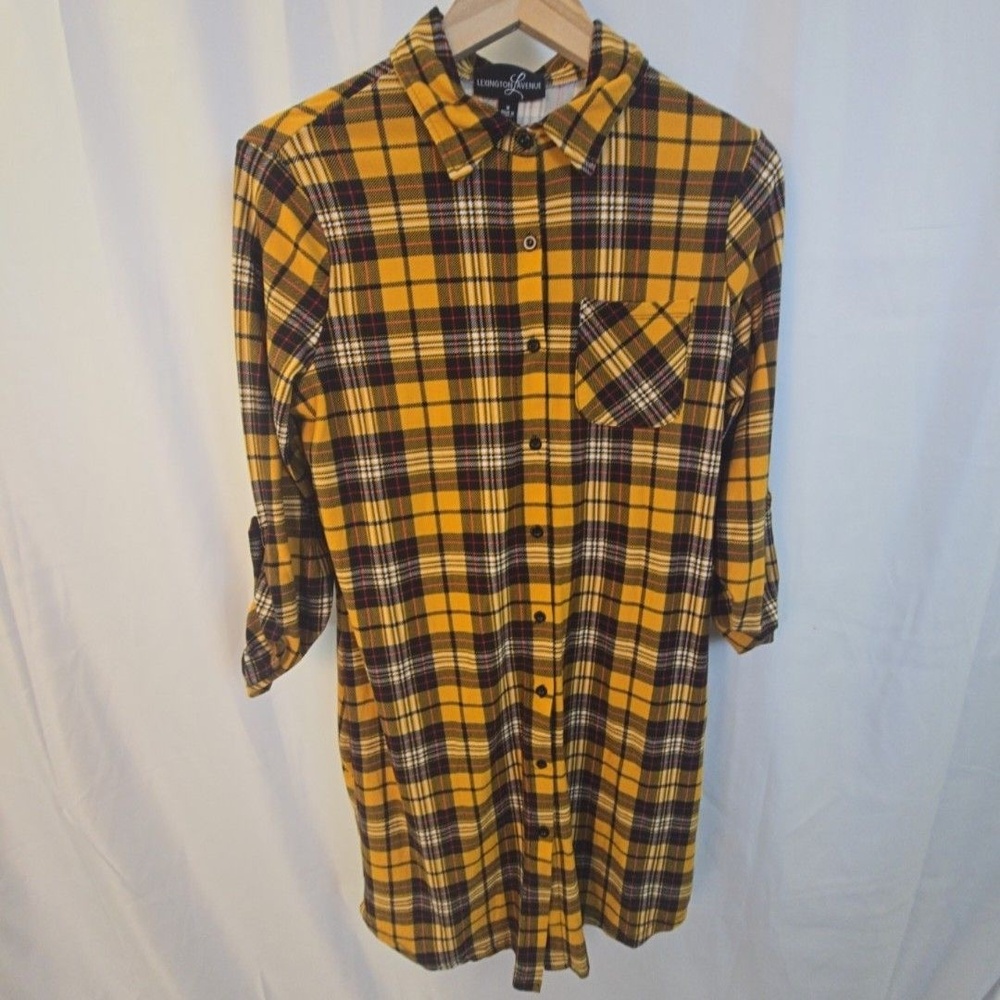 Lexington Lavenue Shirt Dress Womens Medium Yellow Plaid Flannel Long Sleeve